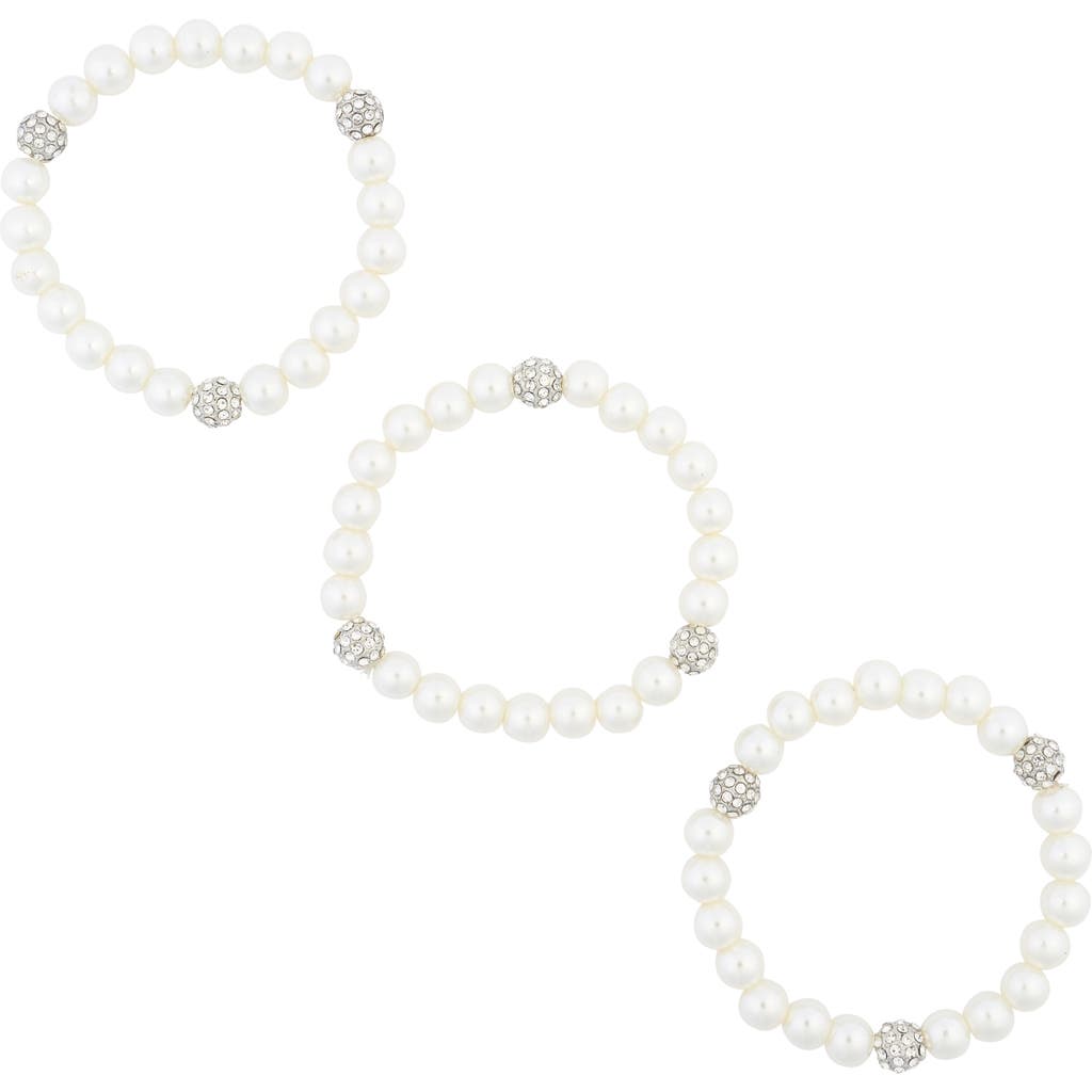 Shop Tasha Crystal Ball Imitation Pearl Stretch Bracelet Set In Silver/ivory
