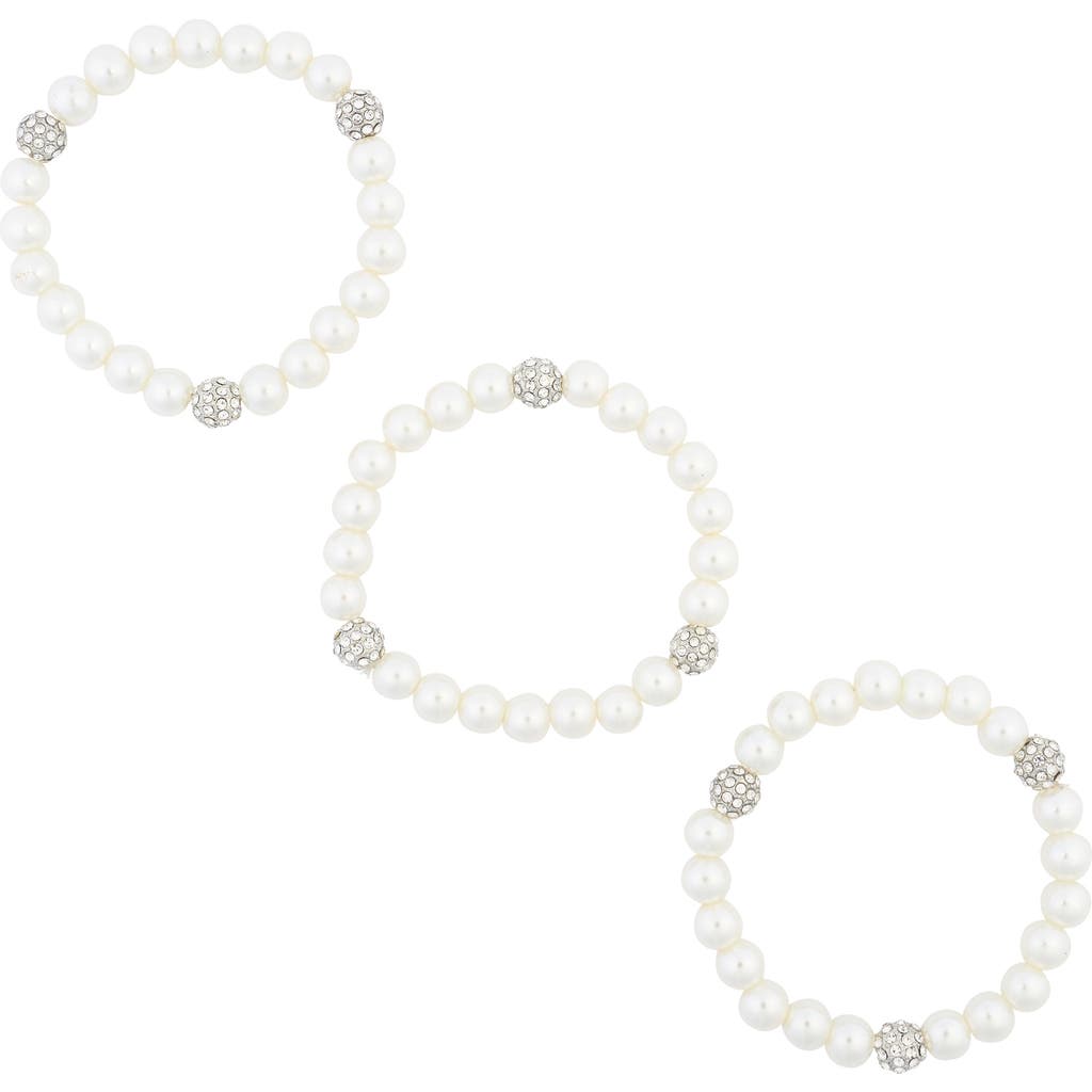 Tasha Crystal Ball Imitation Pearl Stretch Bracelet Set In Silver/ivory