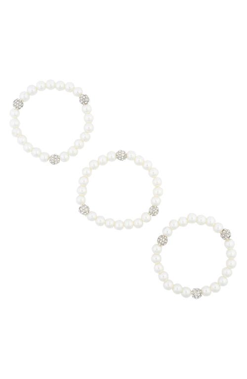 Shop Tasha Crystal Ball Imitation Pearl Stretch Bracelet Set In Silver/ivory