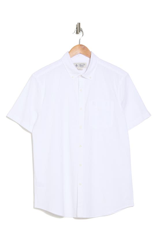 Original Penguin Seersucker Stretch Short Sleeve Stretch Cotton Button-up Shirt In White