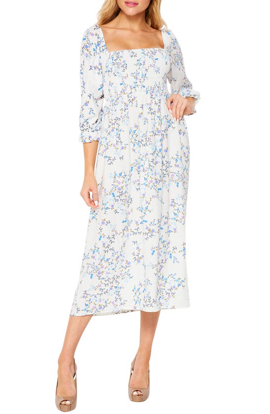 Shop Velvet Torch Puff Sleeve Smocked Knit Dress In Ivory Blue