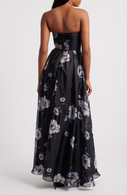 Lulus Regal Status Black Floral Print Strapless Maxi Dress In Black/white/blue