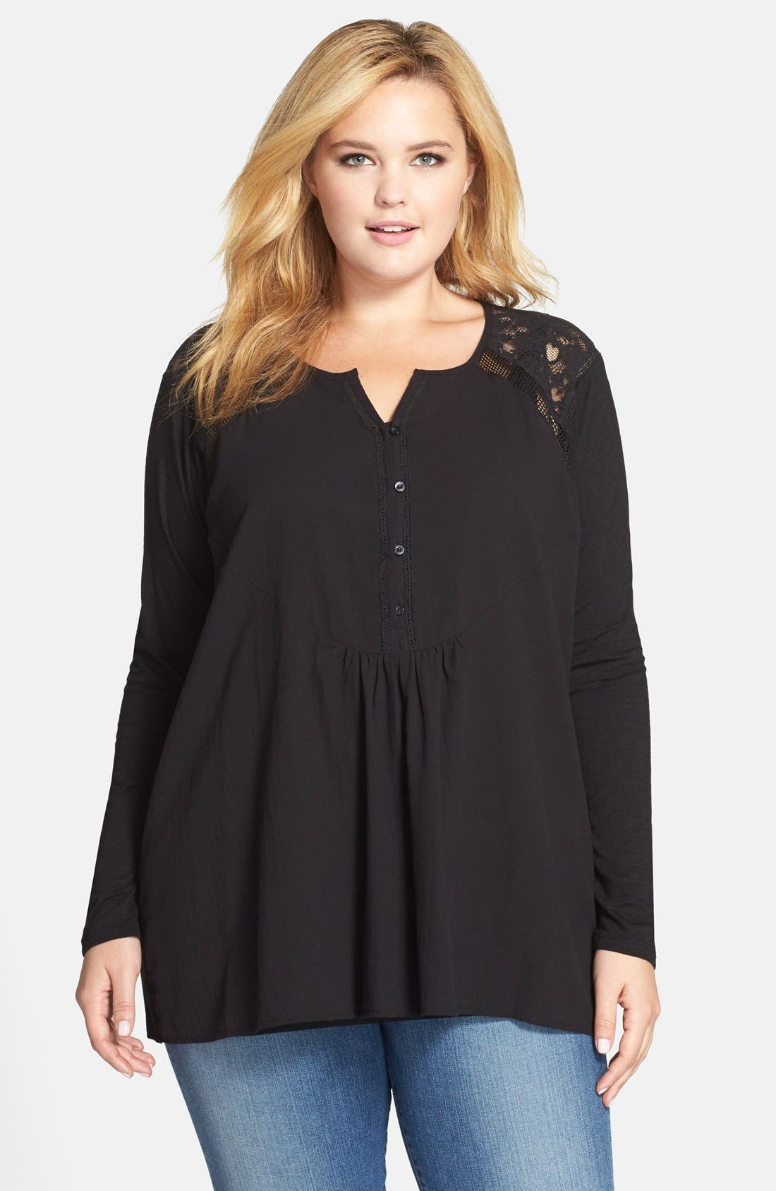 DKNY Jeans Lace & Mesh Detail Mixed Media Top (Plus Size) Nordstrom