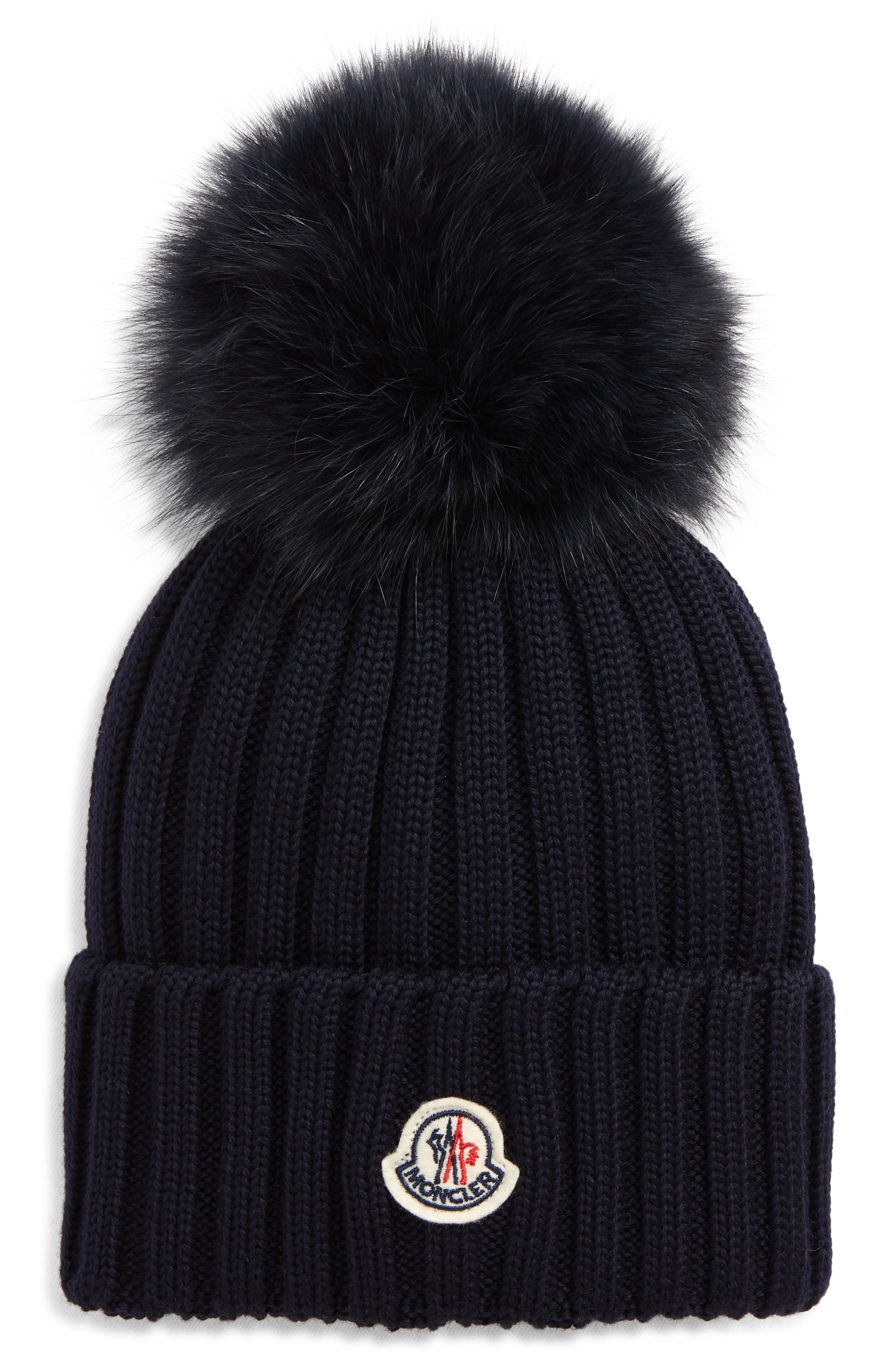 rib virgin wool beanie with genuine fox fur pom