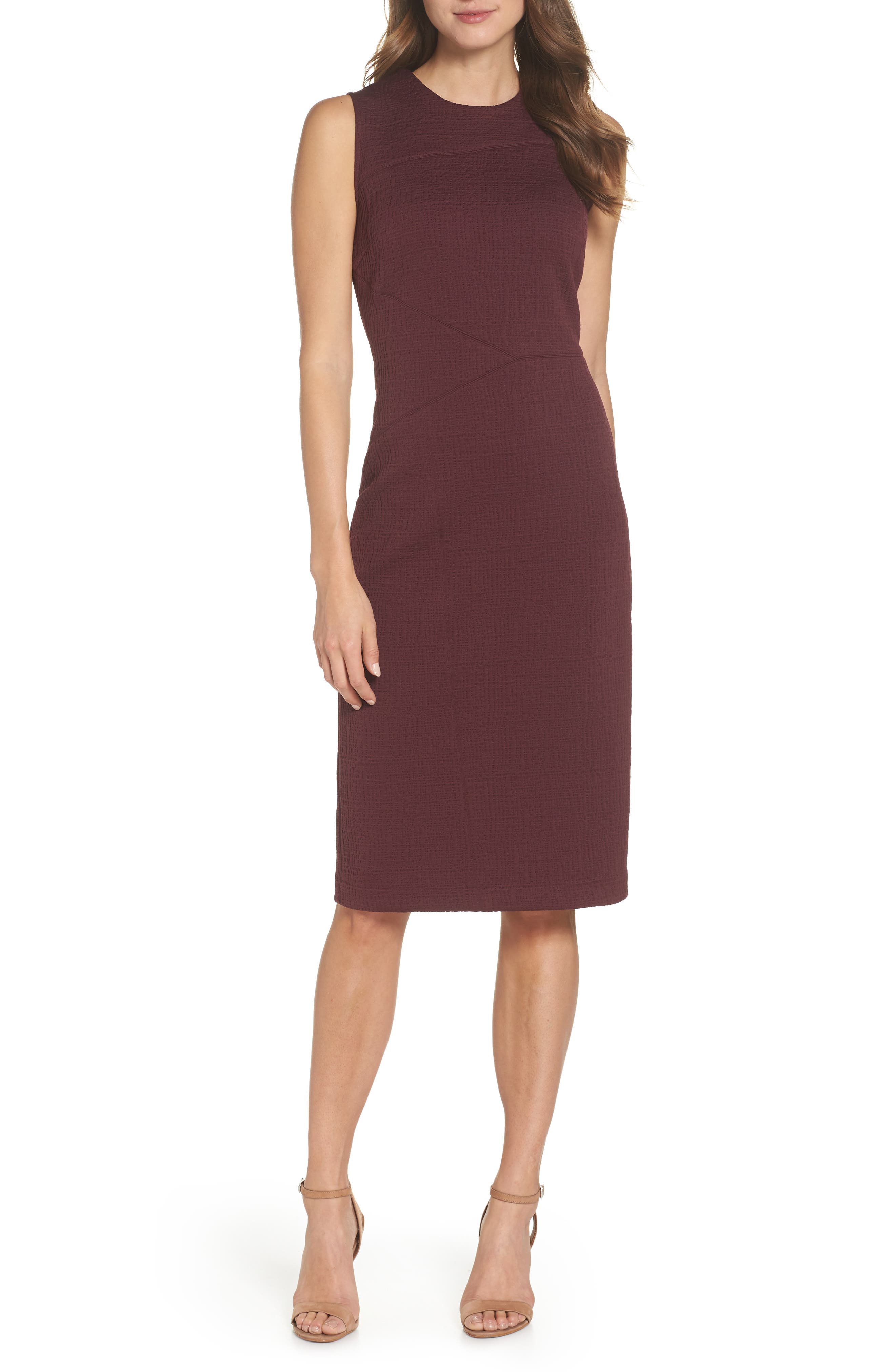Forest Lily Jacquard Sheath Dress, Burgundy