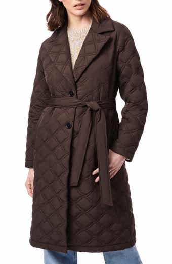 Bernardo Women's Medium Quilted Tie Waist Recycled Polyester Longline  Puffer Jacket Black Fur Lined
