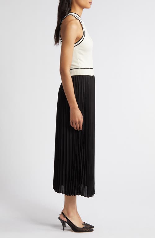 Shop Zoe And Claire Pleated Skirt Mixed Media Midi Dress In Ivory/black