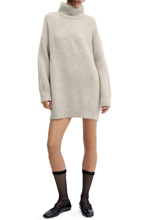 Mango Turtleneck Long Sleeve Rib Sweater Dress In Light Beige/pastel Grey