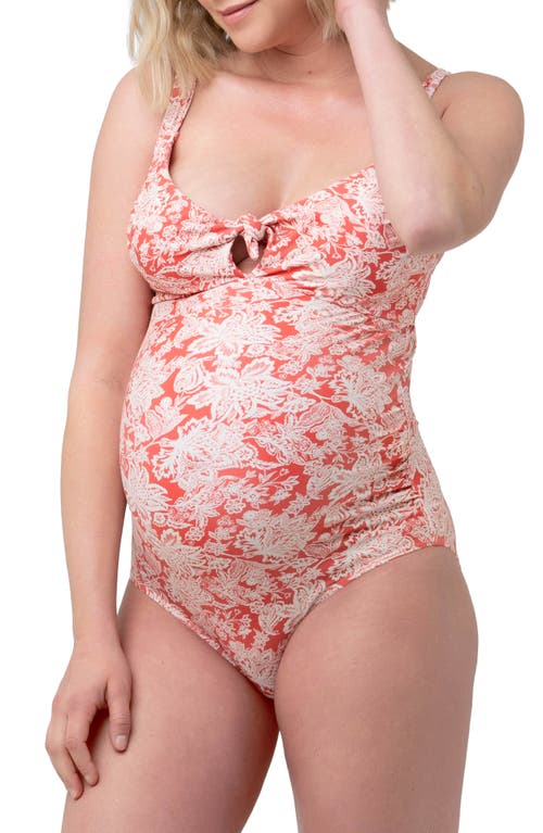 Shop Ripe Maternity Paloma Paisley Keyhole One-piece Maternity Swimsuit In Dusty Coral/natural