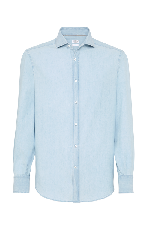 Shop Brunello Cucinelli Chambray Shirt In Medium Denim