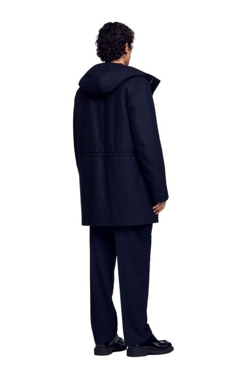 Shop Sandro Hooded Wool Parka In Navy Blue