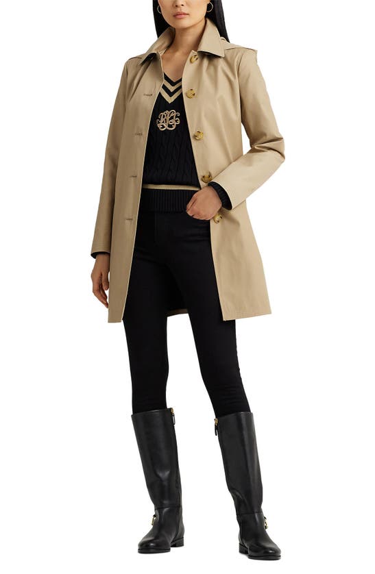 Shop Lauren Ralph Lauren Cotton Blend Coat With Removable Hood In Birch Tan