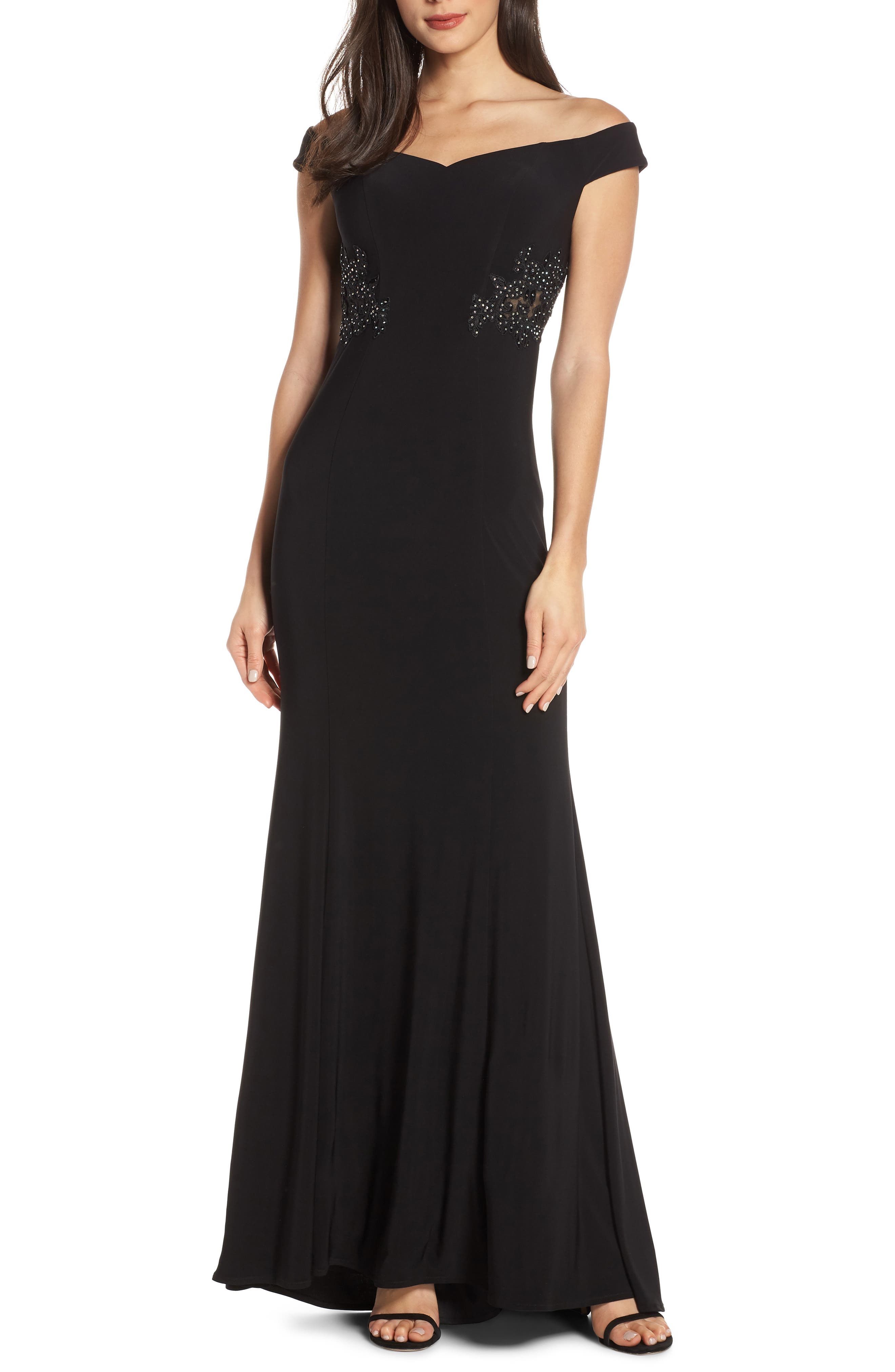 Blondie Nites Off The Shoulder Embellished Waist Evening Dress, Black