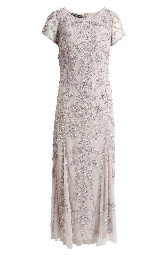 Shop Pisarro Nights Beaded Mesh Midi Cocktail Dress In Silver