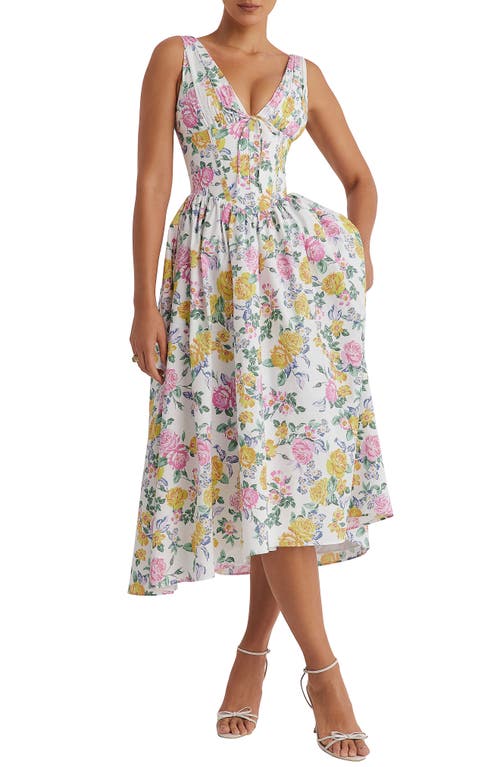 HOUSE OF CB Emmelina Floral Cotton Blend Dress Yellow Flower Print at Nordstrom,