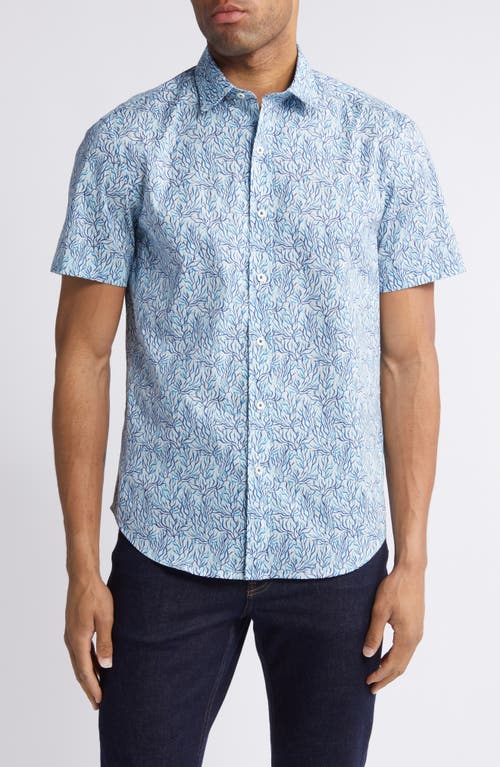 Shop Bugatchi Orson Leaf Print Stretch Cotton Camp Shirt In Aqua Blue