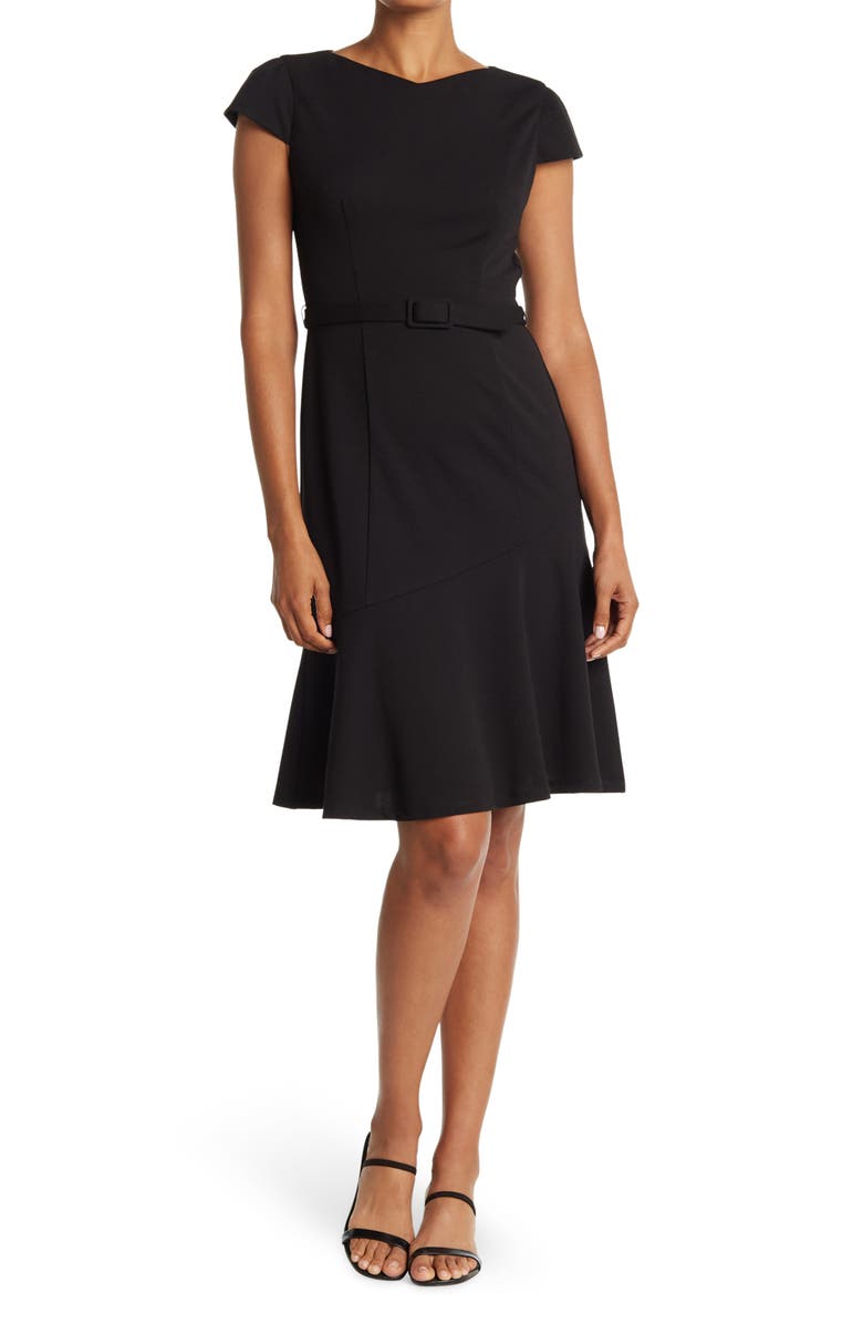 DONNA MORGAN Belted Cap Sleeve Dress, Main, color, BLACK