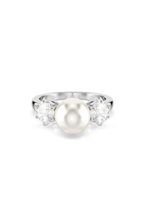 Swarovski Matrix Crystal & Imitation Pearl Cocktail Ring In Rhodium Plated In Silver/white
