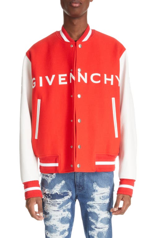 Shop Givenchy Embroidered Logo Mixed Media Leather & Wool Blend Varsity Jacket In White/red