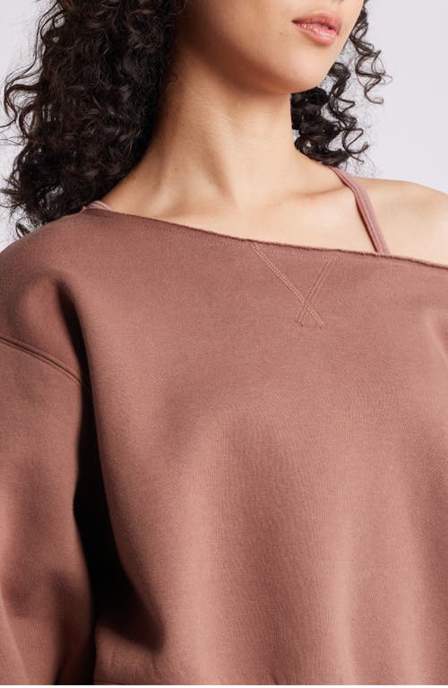 Shop Bp. Fleece Detail Off The Shoulder Sweatshirt In Brown Topaz