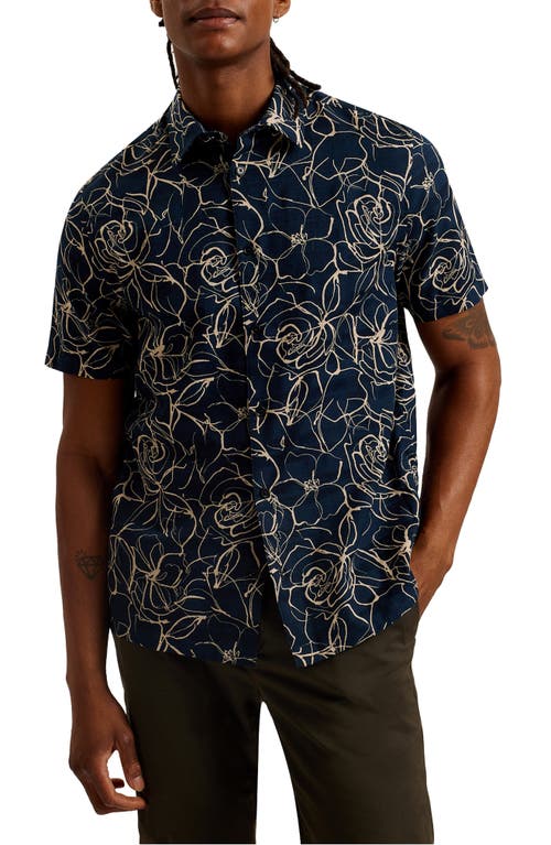 Cavu Floral Short Sleeve Cotton Button-Up Shirt in Navy