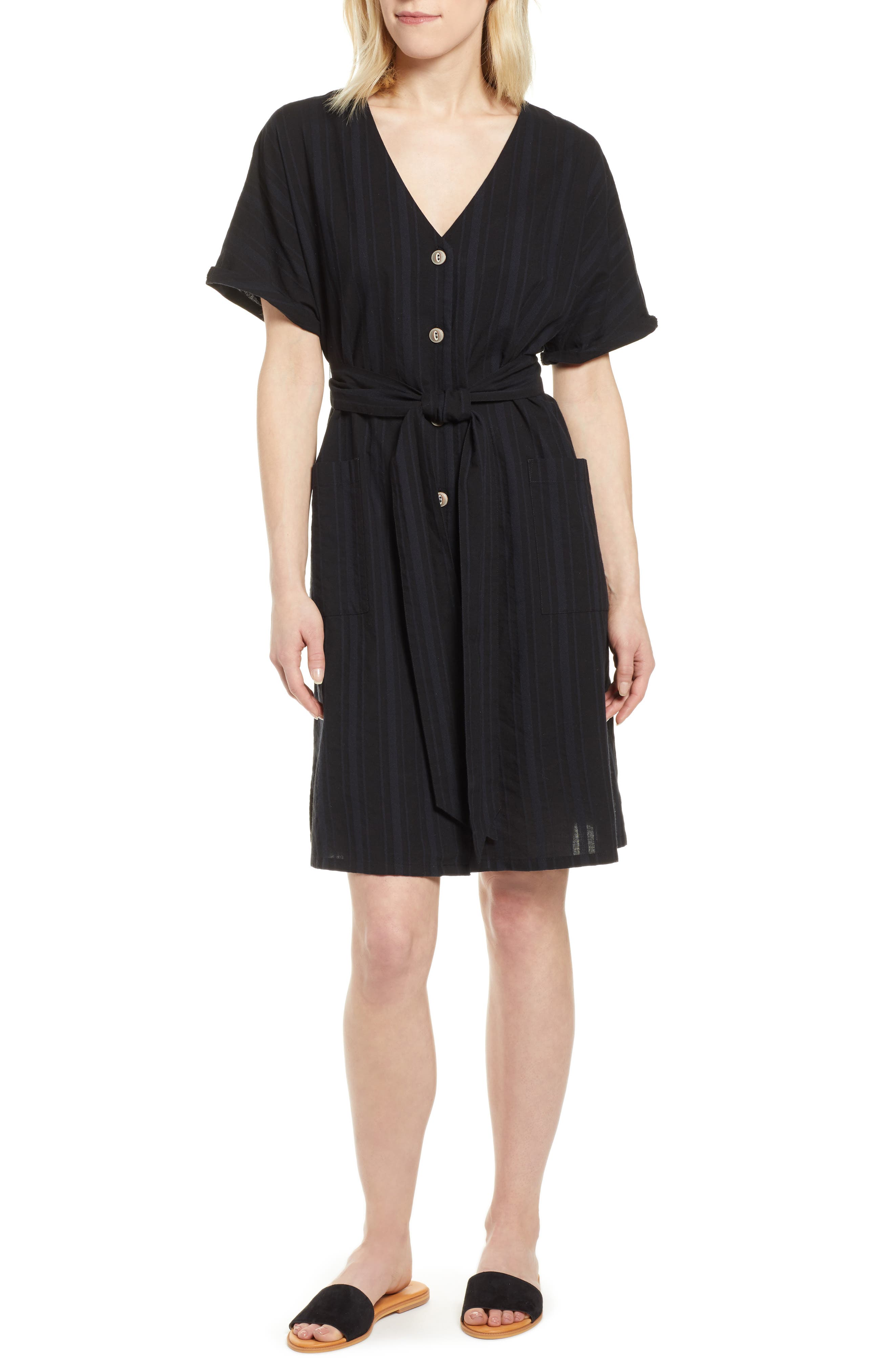 Petite Caslon Button Front Belted Dress, Black