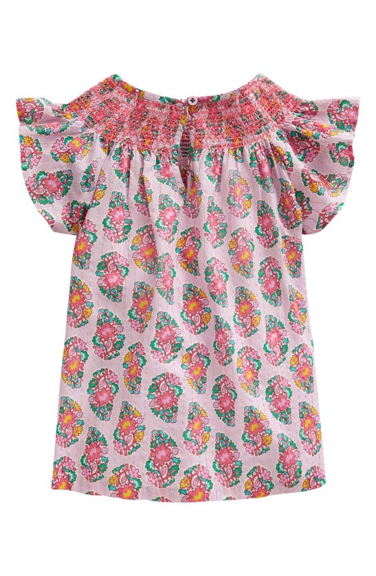 Shop Mini Boden Kids' Metallic Floral Smocked Cotton Top In Sugared Almond Pink Paisley
