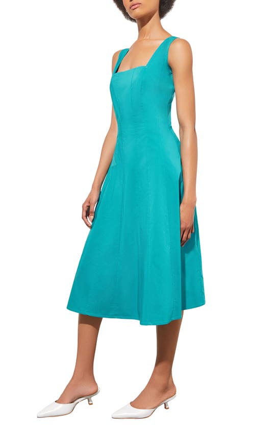 Shop Ming Wang Square Neck Cotton Blend Fit & Flare Midi Dress In Bermuda