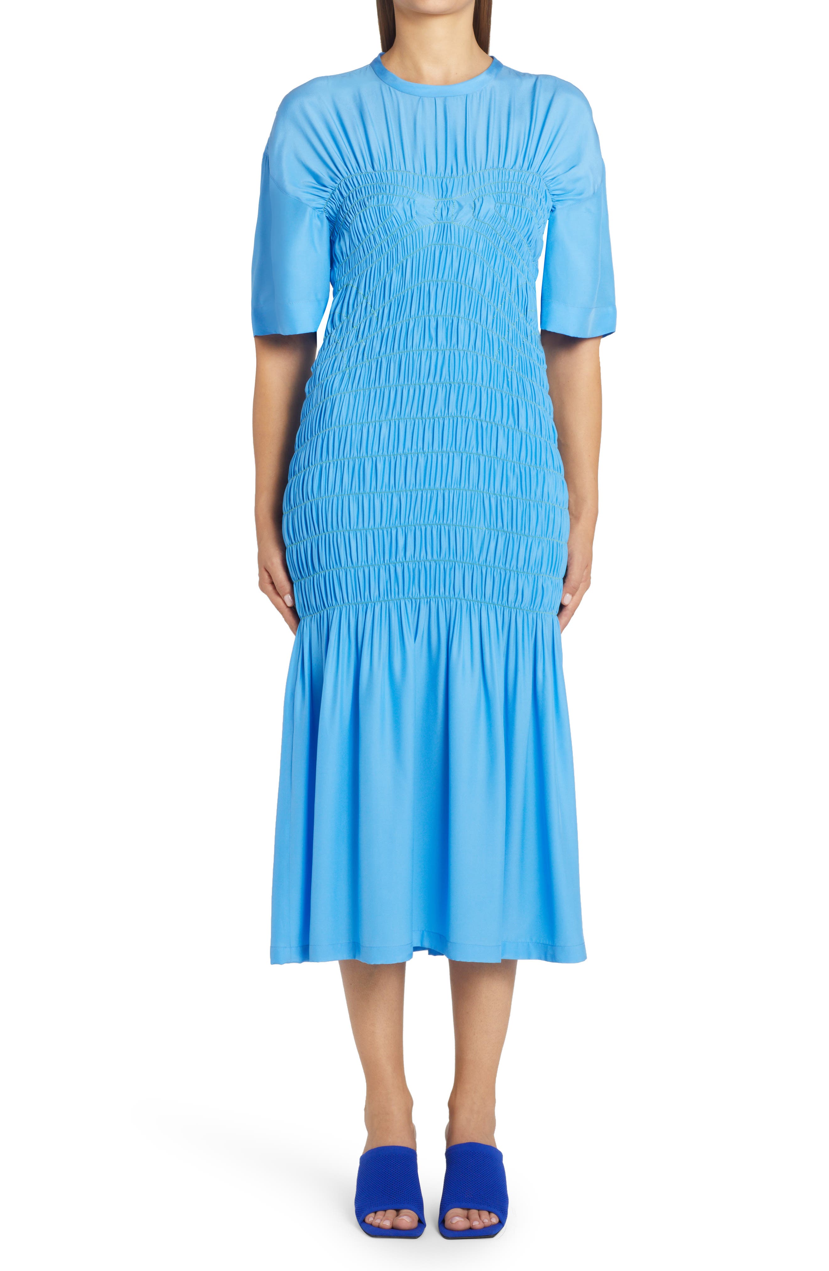 Stella McCartney Smocked Silk Midi Dress in Cerulean Blue