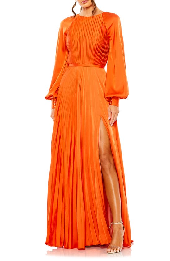 Shop Ieena For Mac Duggal Pleated Long Sleeve Satin A-line Gown In Sunset