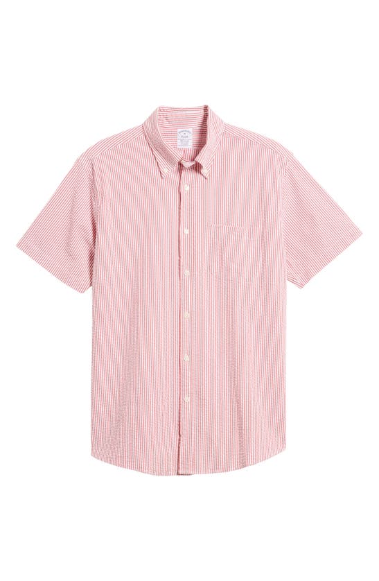 Shop Brooks Brothers Stripe Stretch Seersucker Short Sleeve Button-down Shirt In American Beauty Stripe