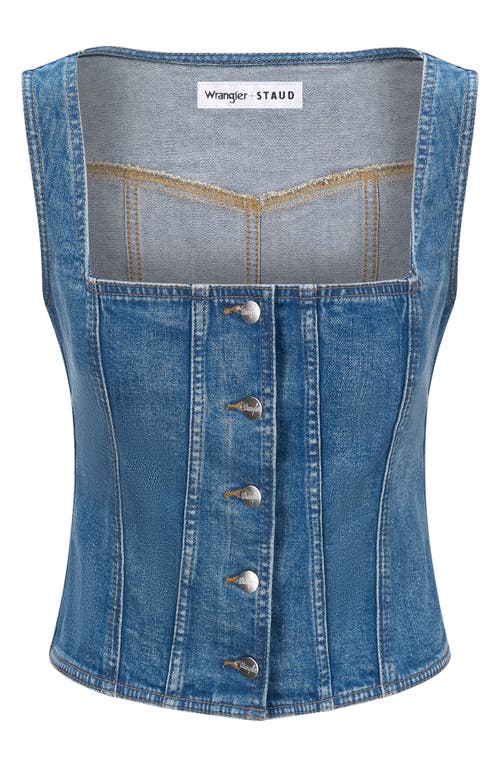 Shop Staud + Wrangler Denim Trucker Top In Indigo Wash