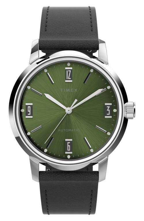 Timex ® Marlin Automatic Leather Strap Watch, 40mm In Silver/green/black