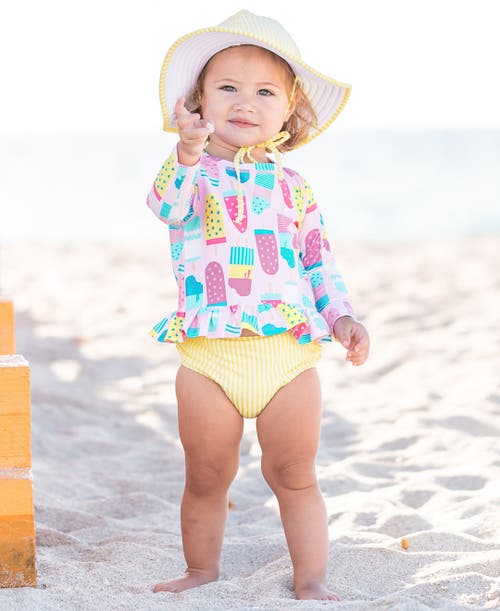 Rufflebutts Girls Long Sleeve Ruffle Hem Upf50+ Rash Guard Bikini In Ice Cream Social