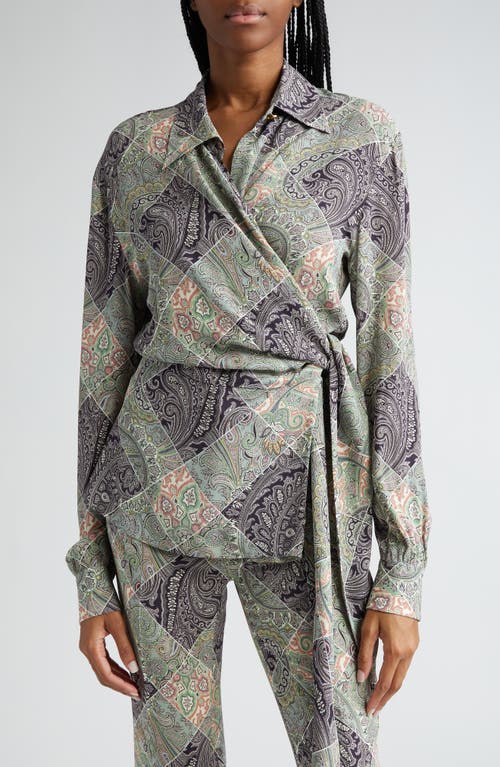Etro Paisley Long Sleeve Wrap Top Green Multi at Nordstrom, Us