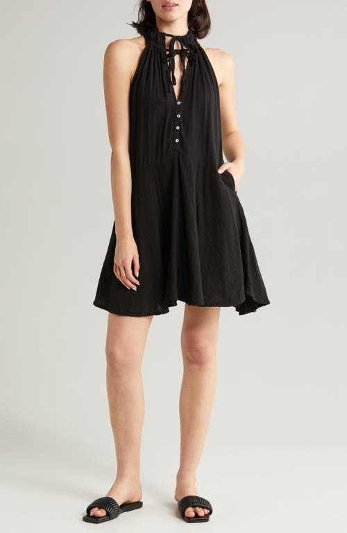 Button Front Cotton Cover-Up Minidress in Black