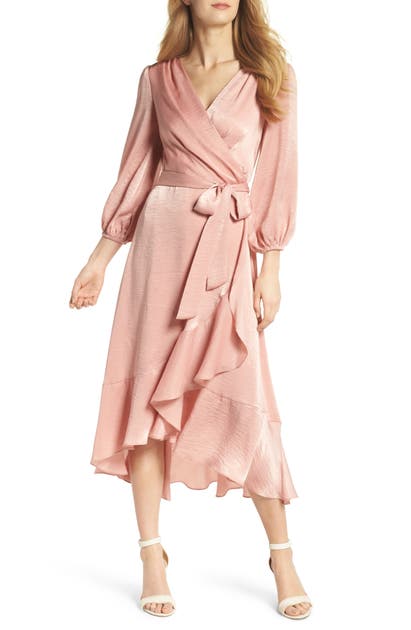 Gal Meets Glam Collection Jennifer Shimmer Satin Wrap Dress In Mauve