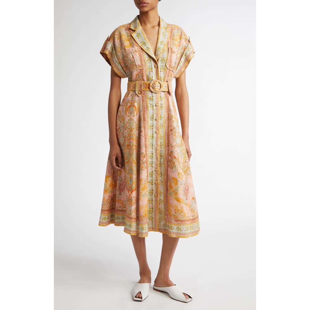 Shop Zimmermann Acacia Floral Stripe Belted Linen Midi Shirtdress In Pink Multi