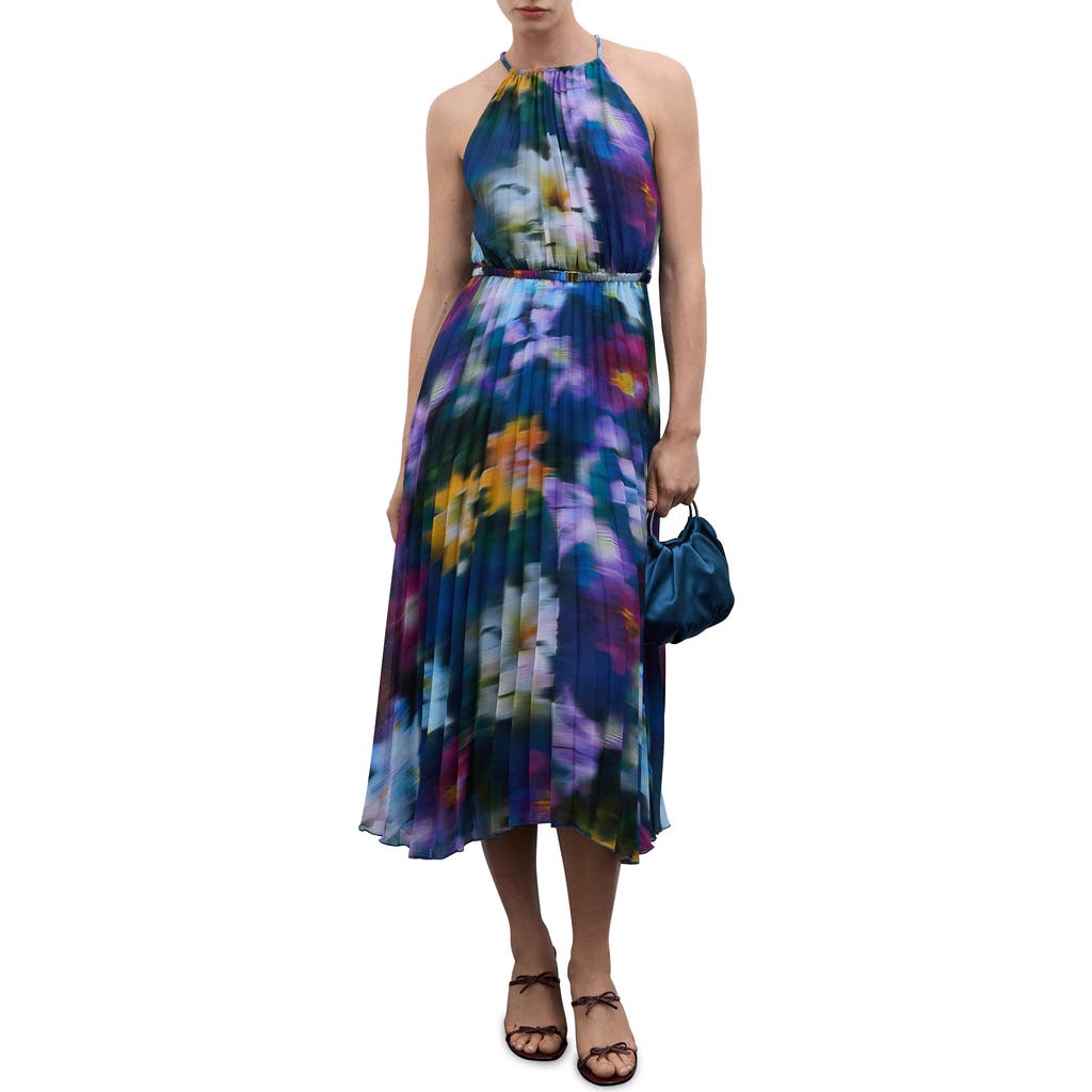 Mango Printed Pleated Dress Blue In Blue