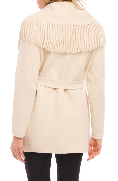 Shop Karen Kane Fringe Trim Belted Sweater Coat In Beige