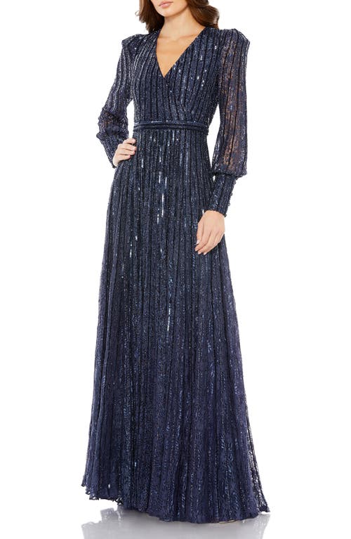 Mac Duggal Floral Sequin Lace Long Sleeve A-Line Gown Midnight at Nordstrom,