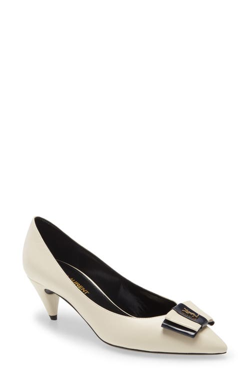 Saint Laurent Pierrot Monogram Bow Pointed Toe Pump In Pearl/navy