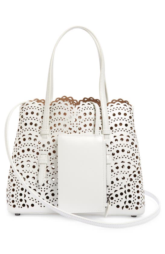 Shop Alaïa Small Mina Perforated Leather Tote In Blanc Optique