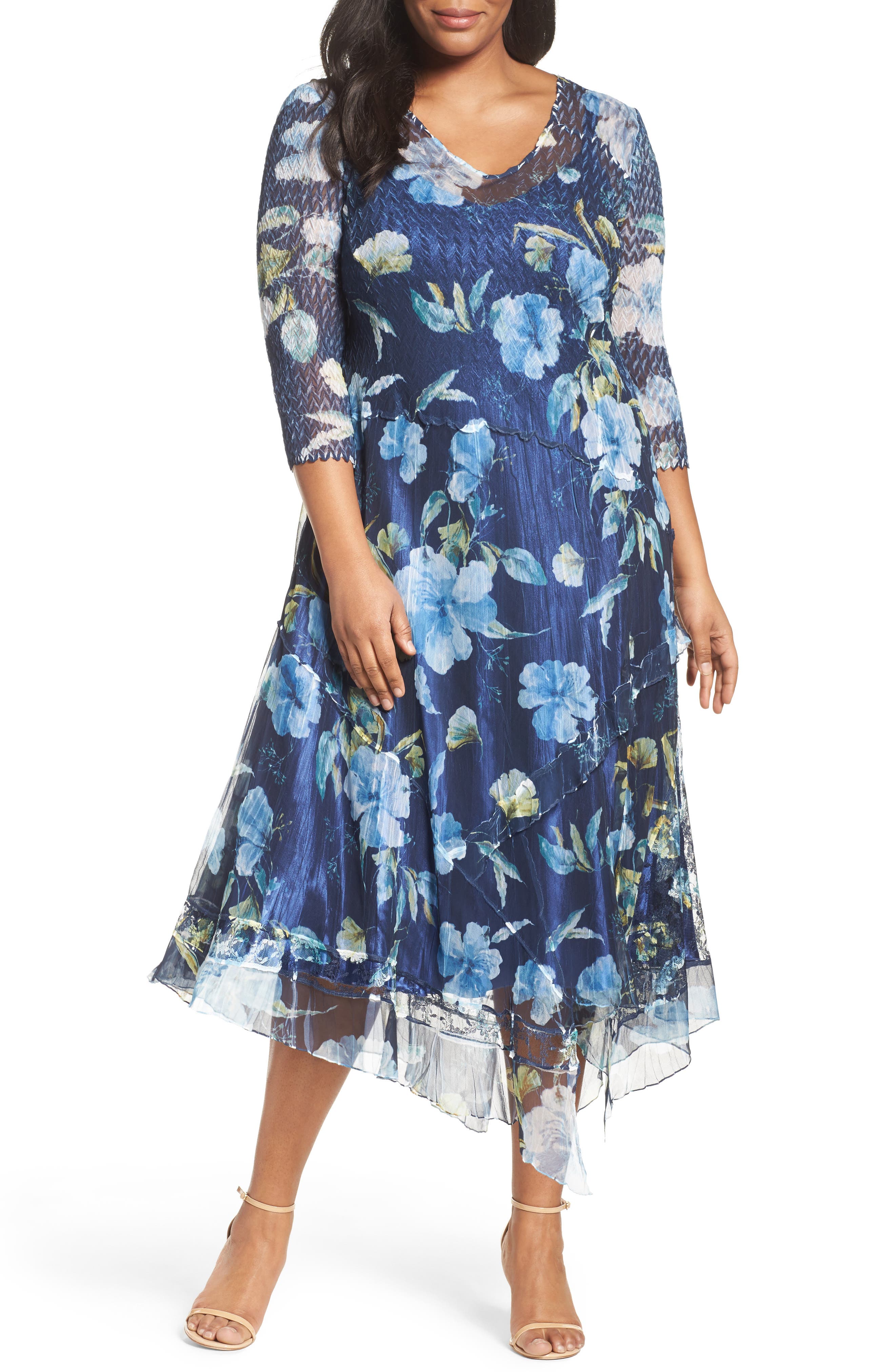 Komarov Handkerchief Hem Floral Charmeuse & Chiffon Dress (Plus Size) Nordstrom
