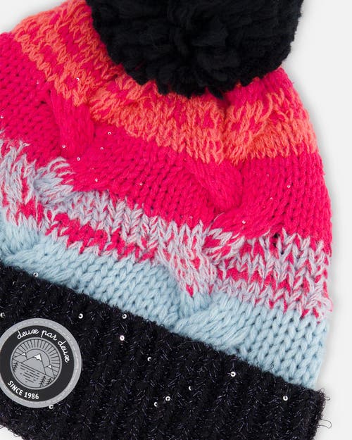 Deux Par Deux Baby Girl's Knit Hat Gradient Blue, Coral And Fuschia In Stripes