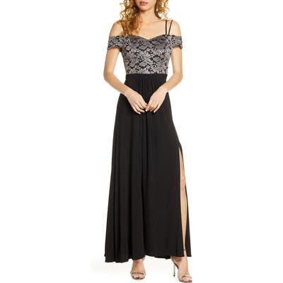 Morgan & Co. Lace Cold Shoulder Strappy Gown, Black