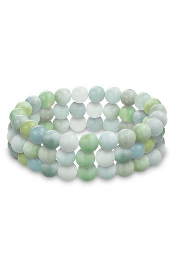 Bling Jewelry Set Of 3 Semiprecious Stone Beaded Stretch Bracelets In Aquamarine