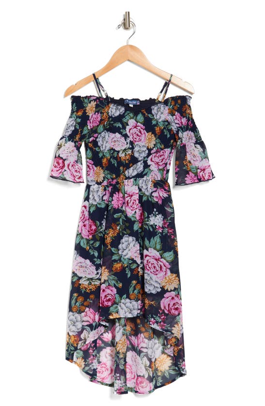 Shop Truly Me Kids' Cold Shoulder Floral Dress In Navy Multi