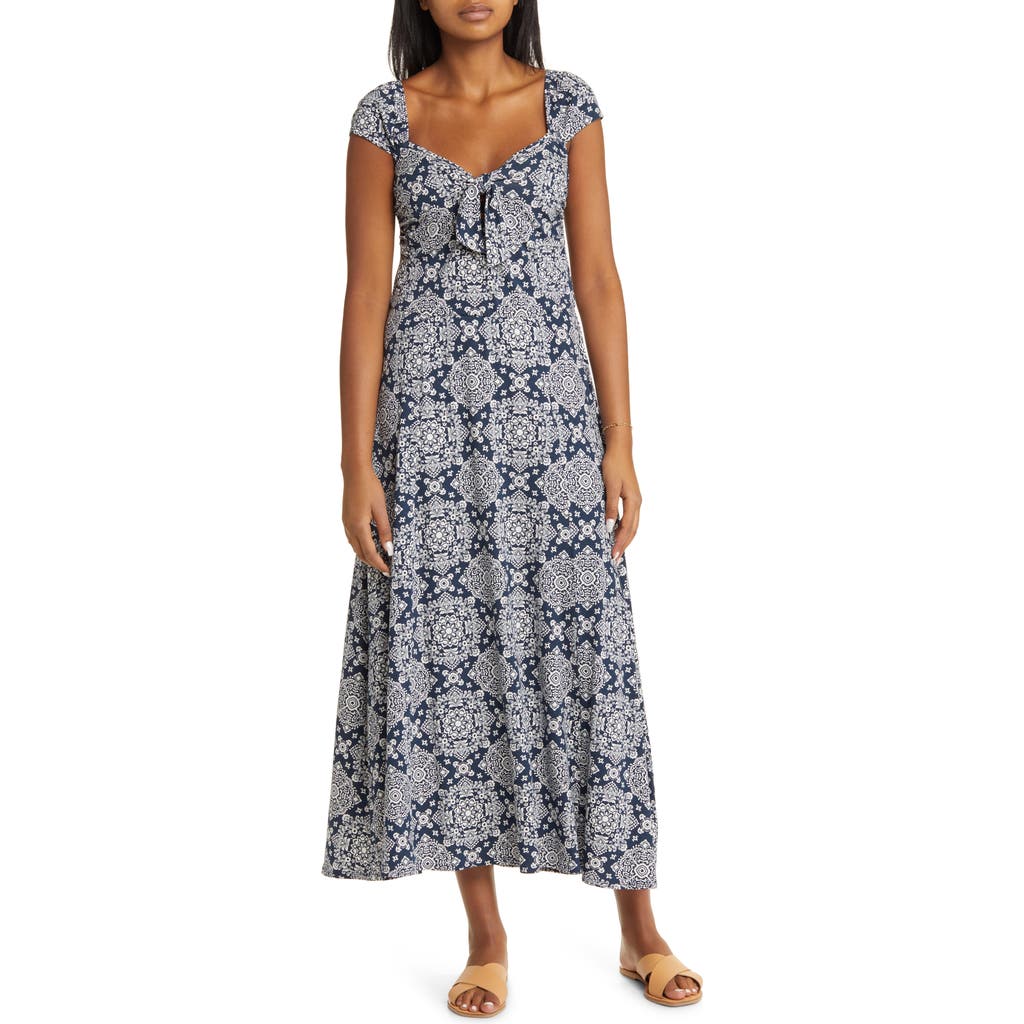 Loveappella Tie Front Cap Sleeve A-line Midi Dress In Navy/ivory