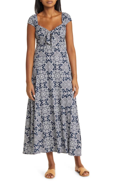 Loveappella Tie Front Cap Sleeve A-Line Midi Dress Navy/Ivory at Nordstrom,